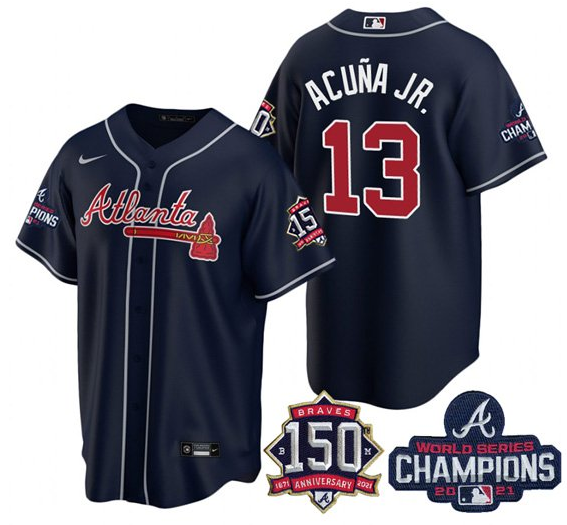 Men's Atlanta Braves #13 Ronald Acuña Jr. 2021 Navy World Series Champions With 150th Anniversary Patch Cool Base Stitched Jersey Men's Atlanta Braves #13 Ronald Acuña Jr. 2021 Navy World Series Champions With 150th Anniversary Patch Cool Base Stitched Jersey